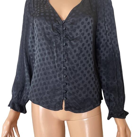 Madewell Top blouse smocked daylight woven Swiss dot black button up V-neck SZ 2 - Picture 2 of 14